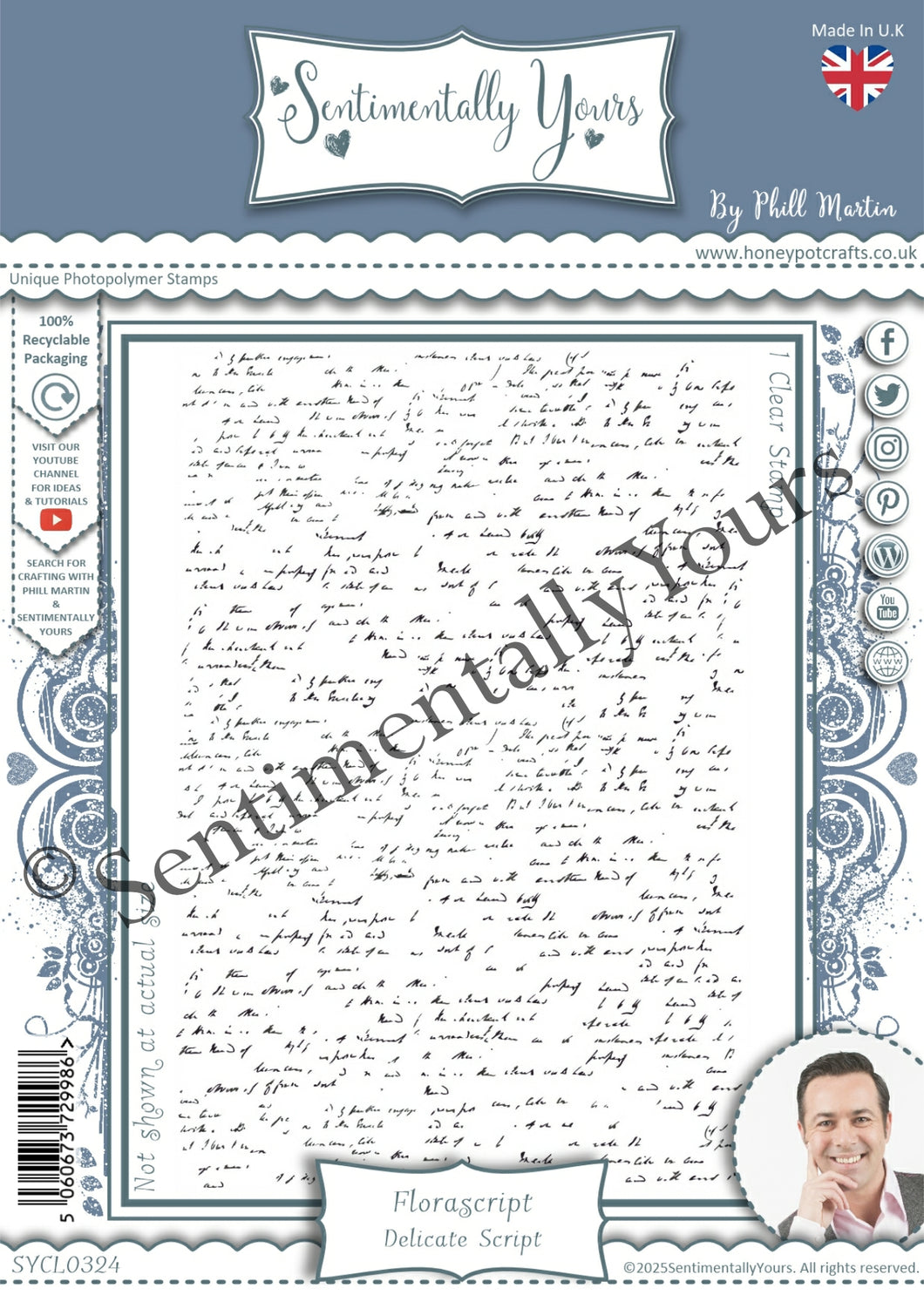 Phill Martin Sentimentally Yours A6 Clear Stamp - Florascript : Delicate Script