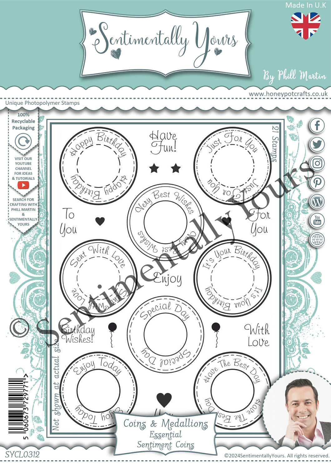 Phill Martin Sentimentally Yours A5 Clear Stamp Set - Coins & Medallions : Essential Sentiment Coins