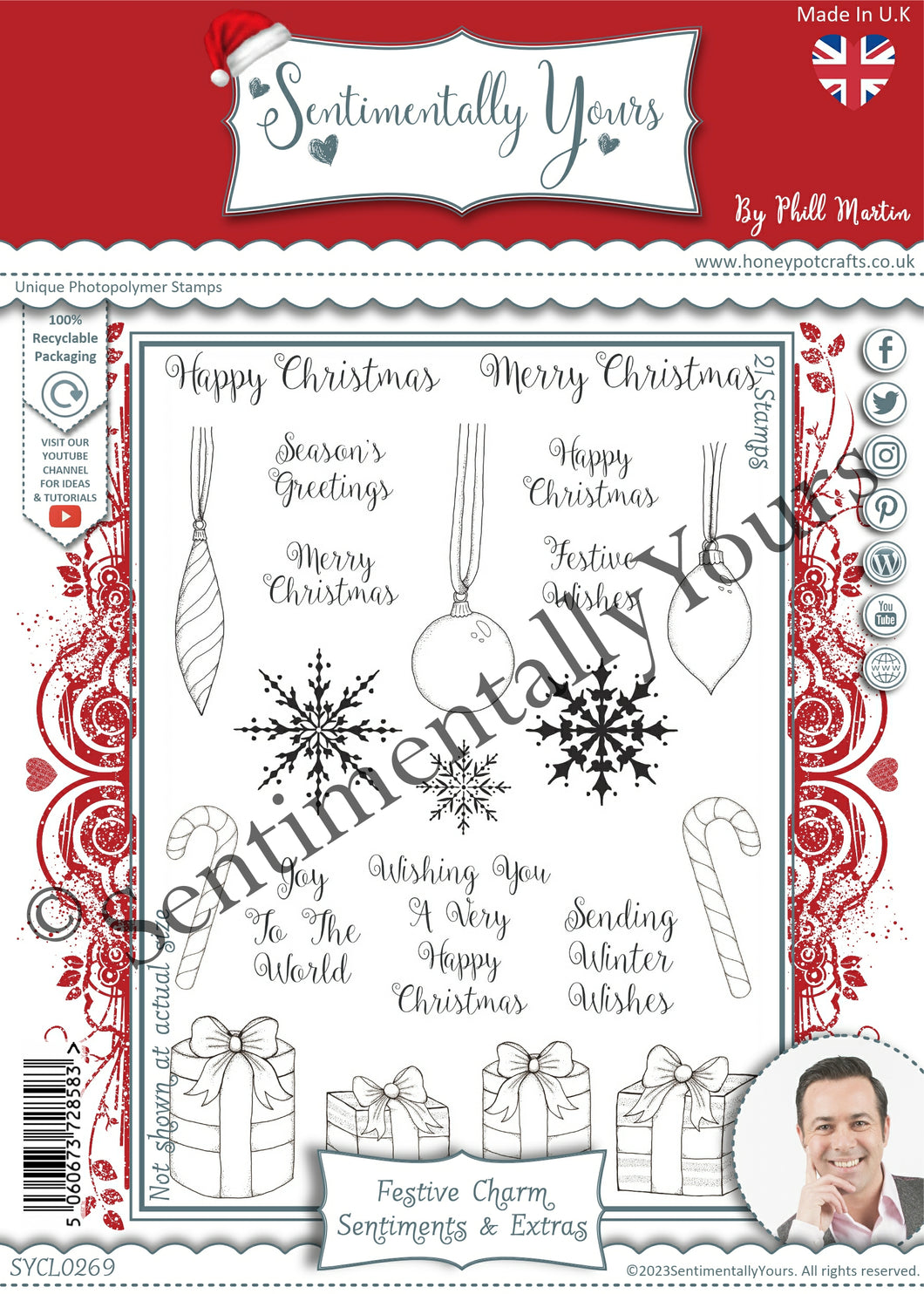 Phill Martin Sentimentally Yours A5 Clear Stamp Set - Festive Charm Sentiments & Extras