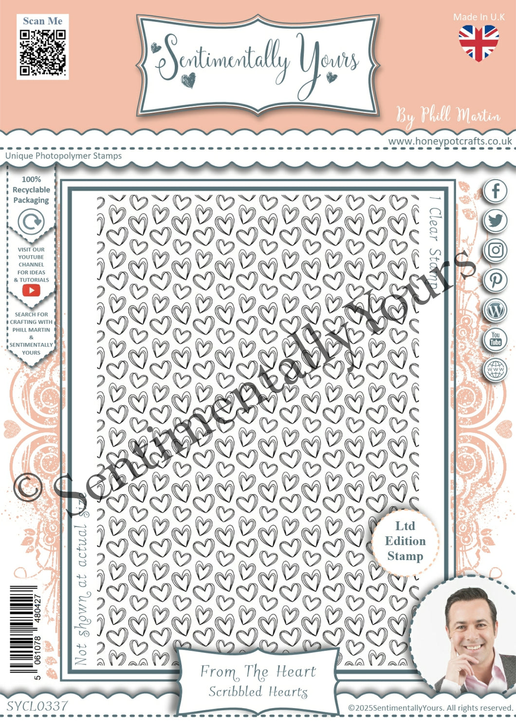 Phill Martin Sentimentally Yours A6 Clear Stamp - From the Heart : Scribbled Hearts