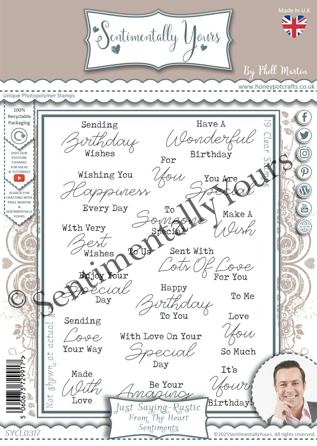 Phill Martin Sentimentally Yours A6 Clear Stamp Set - Just Saying Rustic : From The Heart Sentiments