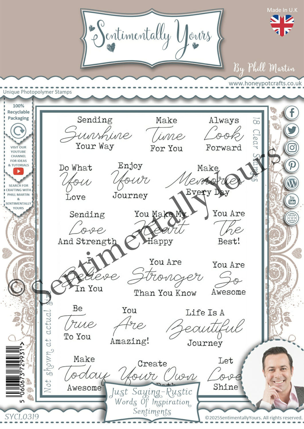 Phill Martin Sentimentally Yours A6 Clear Stamp Set - Just Saying Rustic : Words of Inspiration Sentiments