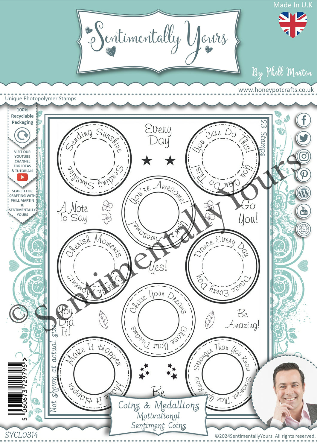 Phill Martin Sentimentally Yours A5 Clear Stamp Set - Coins & Medallions : Motivational Sentiment Coins