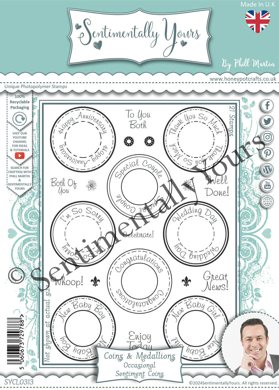 Phill Martin Sentimentally Yours A5 Clear Stamp Set - Coins & Medallions : Occasional Sentiment Coins