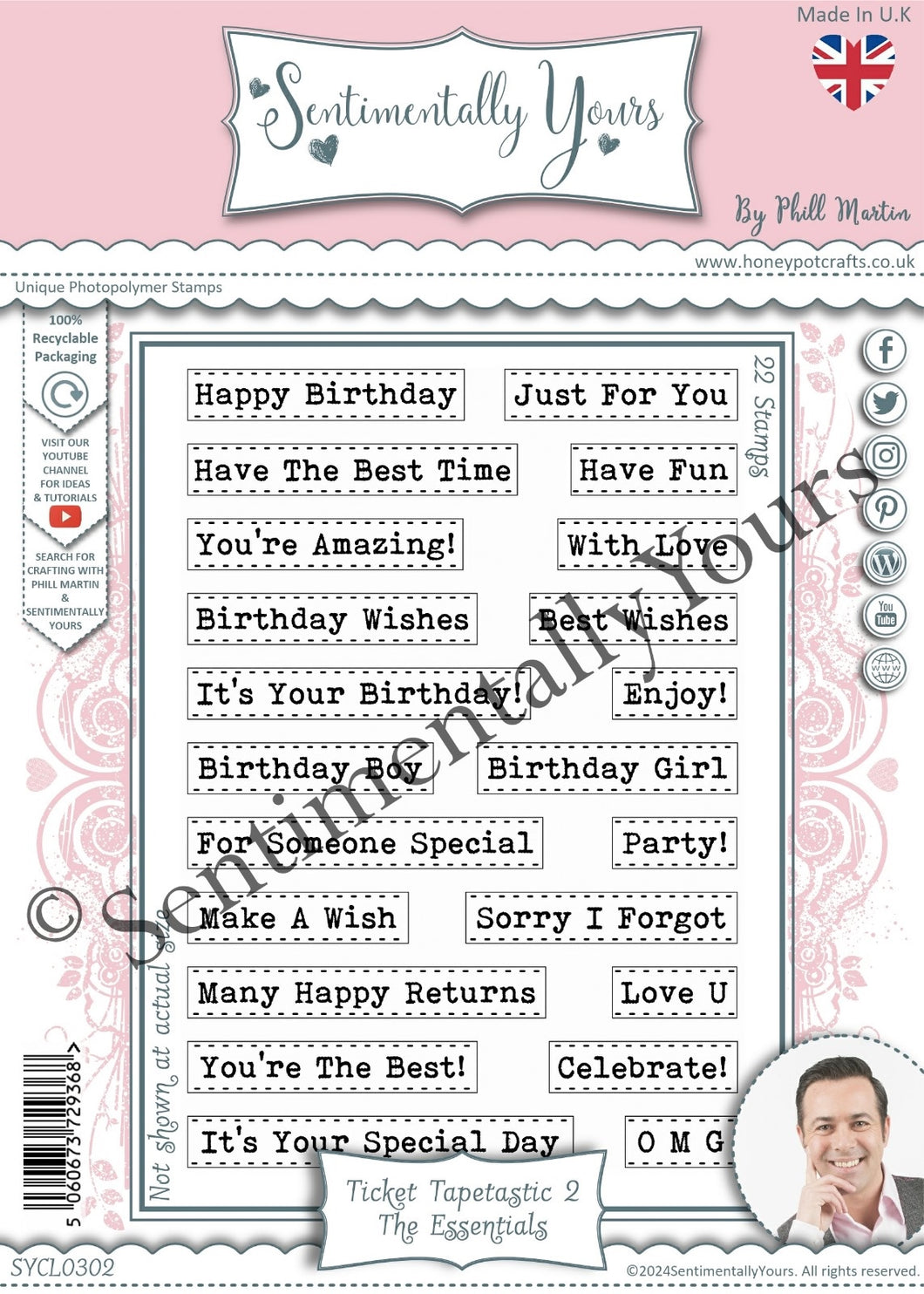 Phill Martin Sentimentally Yours A5 Clear Stamp Set - Ticket Tapetastic 2 : The Essentials